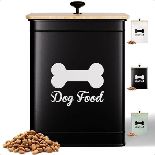 Dog Food Container Airtight 5-7 lb (25 Cup) Capacity - Cute Airtight Dog Food Storage Container with Bamboo Lid & Sturdy Metal Handle - Black Metal Kibble Storage Bin for Dogs up to 50 lbs - Pet Jar