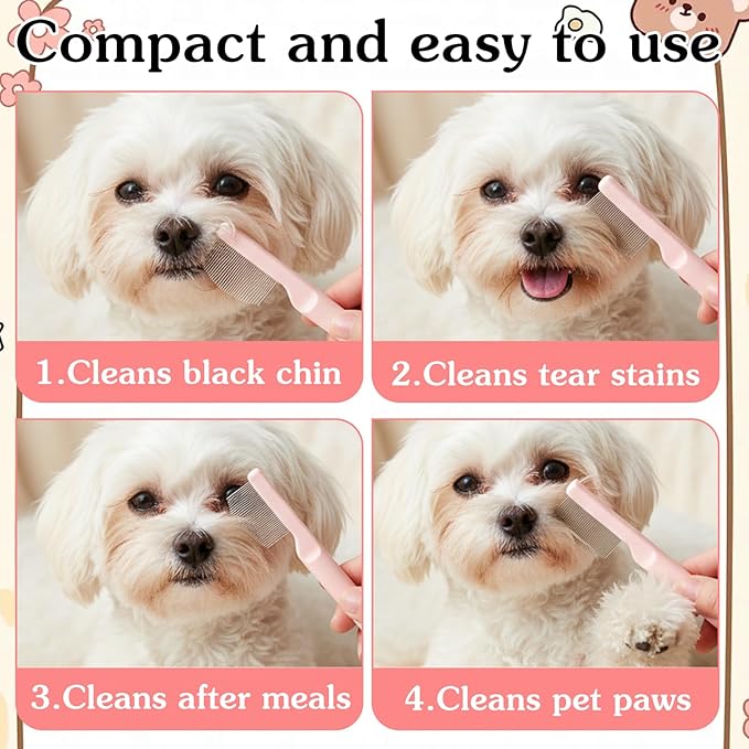 Pet Facial Grooming Comb, Stainless Steel Dog Eye Comb, Dog Flea Comb, Round-Tip Arc Teeth, Stress-free Tear Stain Remover for Dogs & Cats Fit Yorkie, Shih Tzu, Maltese Maltipoo Pomeranian