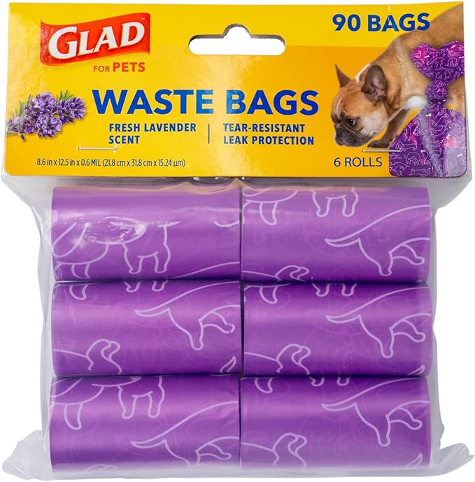 Glad for Pets Scented Waste Bags, Tear Resistant Pet Poop Pick-up Bags with Leak Protection, Fresh Lavender Scent, Purple Designs, 6 rolls, 90 bags total