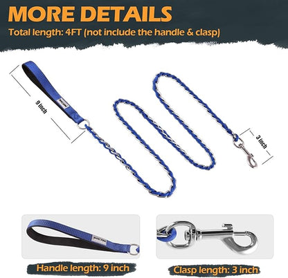 Chain Dog Leash Chew Proof Metal Leash for Medium Large Dogs, Chain Link Dog Anti Chew 5.2FT / 4FT Strong Anti Bite Comfortable Soft Padded Handle (Blue, 4FT(5-30lb))