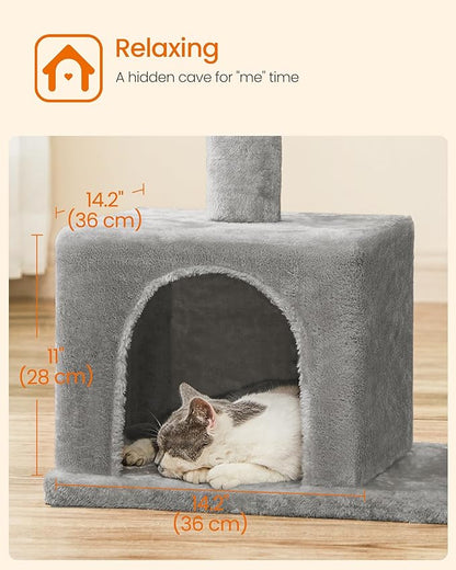 Feandrea Cat Tree, 33.1-Inch Cat Tower, Plush Condo for Large Cats up to 16 lb, Large Perch, 2 Caves, Scratching Post, Light Gray UPCT61W