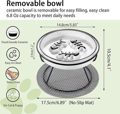 2PCS Raised Cat Bowl - Improved Design, Elevated Puzzle Feeder, Anti Vomit & Obesity Prevention, Slow Down Eating Speed