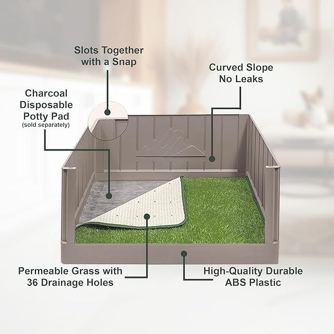 Pup en Suite Potty - Dog Litter Box, Pee Pad Holder with High Walls, Indoor Dog Potty Tray for Potty Training, Easy to Build Pee Pad Holder with Turf Patch, Dog Grass Pad Reusable with Tray