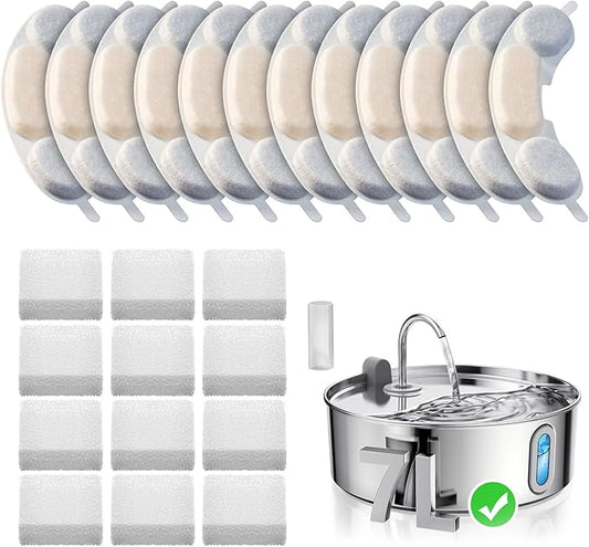 Official 12 Packs Dog Water Filter Replacement and 12 Sponges with 1 Pump Holder for 7L/236oz/1.8Gal Stainless Steel Dog Water Fountain