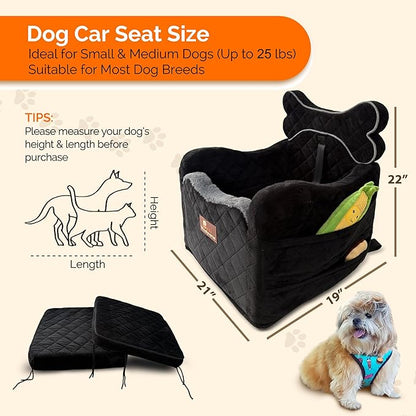 Yara’s Woofyverse Dog Seat for Car – Booster Seat for Small & Medium Dogs with Adjustable Cushions, Fur-Lined Headrest & 6-Pocket Storage – Portable Pet Car Seat for Front/Back Travel – Midnight Ash