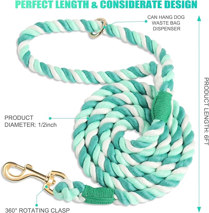 Dog Leash 6 FT Handmade Braided Cotton Rope Leashes for Small Medium and Large Dogs, New Golden Heavy Duty Metal Clasp, Moss Green