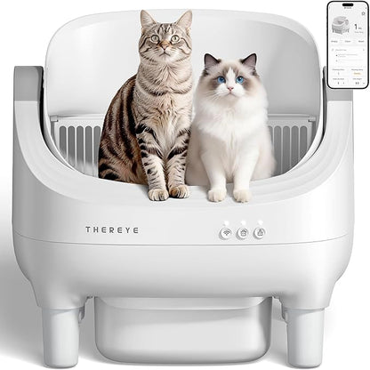 Thereye Self Cleaning Cat Litter Box, Open-Top Automatic Litter Box with APP Control, Safety Sensor and 10L Large Waste Bin, Smart Kitty Litter Boxes with Trash Bags and Mat for Multiple Cats