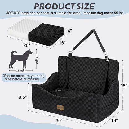 JOEJOY Dog Car Seat for Medium/Large Dogs - Reversible Dual-Sided Travel Dog Car Bed with Memory Foam, Washable Pet Booster Seat for Dogs up to 55 lbs or 2 Small Dogs, 2 Safety Leashes, Black