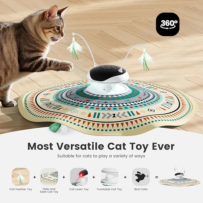 Gardner Pet Cat Toys Chargeable,5in1 Hide and Seek Automatic Interactive cat Toy, Chirping Moving Ambush Feather, Track Balls,Indoor Exercise Kicker 24 inch Cover for All Breeds,Boho Style - Beige
