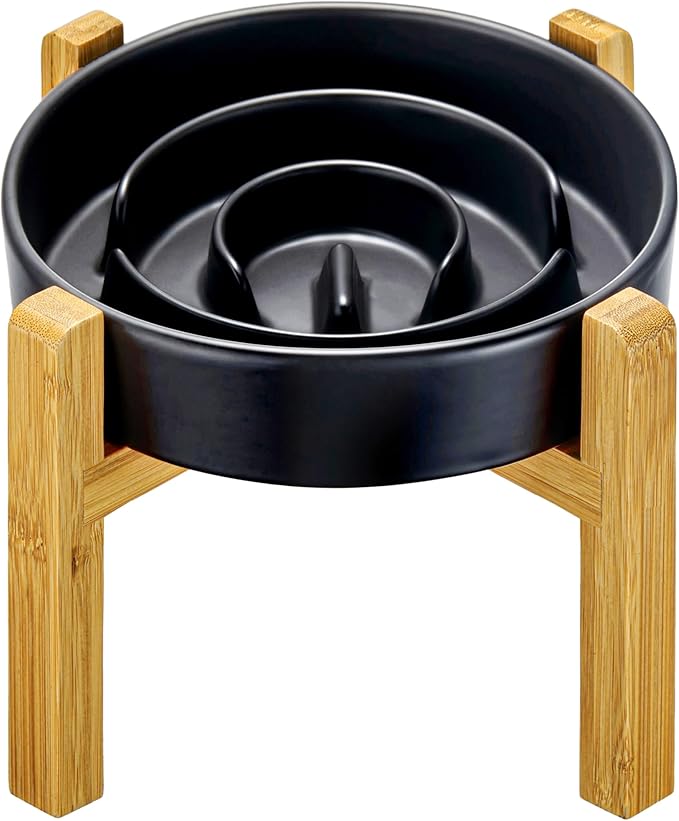 Ceramic Slow Feeder Dog Bowls Elevated, 2.0 Cups Slow Feeder for Medium Dogs, Puzzle Maze Bowl to Slow Down Eating, 30oz, 8in, Black