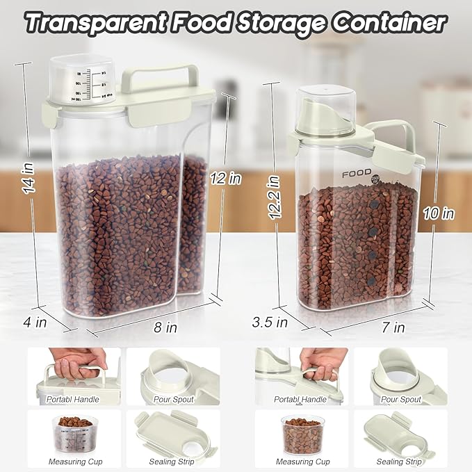 8-12 LBS Cat Dog Pet Food Storage Container, Plastic Dispenser Upgraded Large Nozzle, BPA-free, With Sealed Clasps, Measuring Cup and Handle, Easy to Clean and Carry -2 Packs Beige