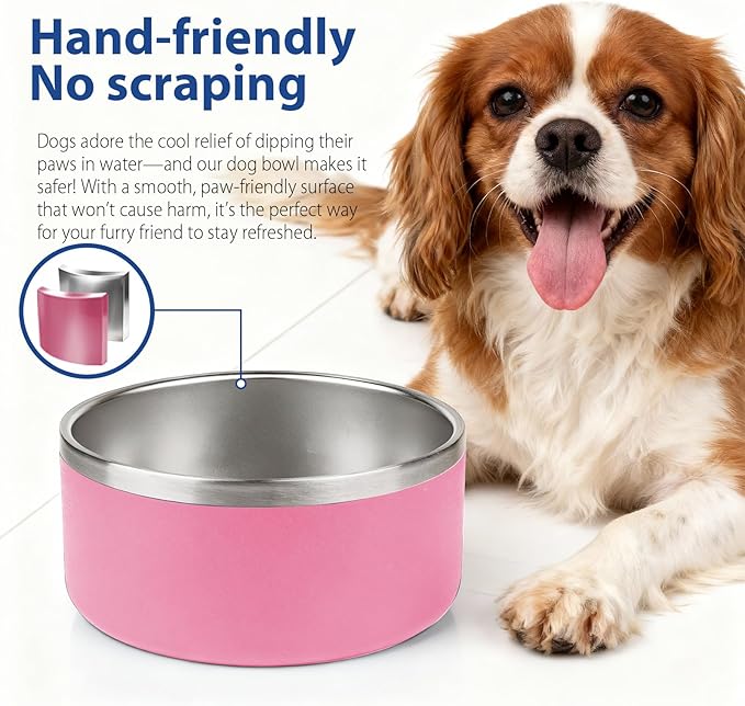 Dog Bowl, Stainless Steel Dog Bowls for Food and Water, Metal Pet Feeding Bowl with Insulated Non-Slip Quiet Bottom, Easy to Clean, Dishwasher Safe, 32oz,4 Cup | Pink