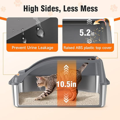 2PACK Stainless Steel Litter Boxes, Extra Large XL Odor Free Metal Litter Box with High Sides, Open Top Litter Pan Include Scoop Easy Cleaning Anti-Scratch Kitty Cat Box Anti-Urine Leakage, Non-Sticky