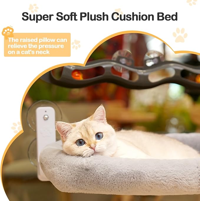 Odoland Cat Window Perch Hammock with Adsorption Tunnel Balls Toy - Large Cats Bed with Metal Frame & Suction Cups - Machine Washable Kitten Bed Front and Back Installation for Summer and Winter