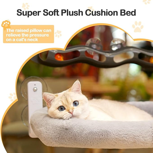 Odoland Cat Window Perch Hammock with Adsorption Tunnel Balls Toy - Large Cats Bed with Metal Frame & Suction Cups - Machine Washable Kitten Bed Front and Back Installation for Summer and Winter