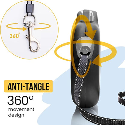 Award-Winning Retractable Dog Leash for Small and Medium Dogs (Max 55 lbs), Clip & Go System with Reflective Tape and Ergonomic Handle, Includes Clips, Poop Bag Holder and Dispenser, Black