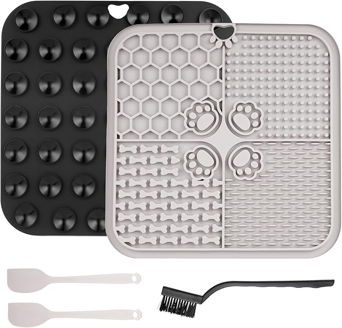 2 Pcs Lick Mat for Dogs Cats, Silicone Pet Food Mats with Suction Cups, Dog Licking Mat, Cat Dog Peanut Butter Lick Pad, Enrichment Pet Food Slow Feeder Mats for Bathing Grooming, with 2 Scrapers