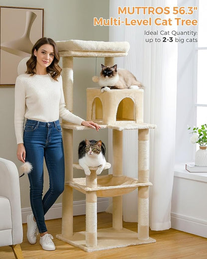 Cat Tree for Large Cats Adult with Metal Plush Big Hammock, 56.3" Cat Tower with 2 Door Condo House, 6-Tier Cat Shelves with Scratching Posts and Large Top Perch, Beige