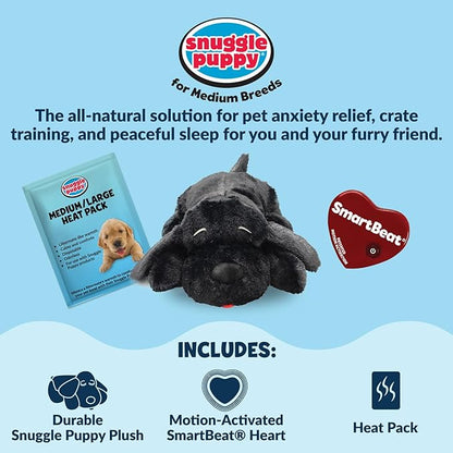 Snuggle Puppy Heartbeat Dog Toy for Puppies, Real-Feel Heartbeat, Calming Sleep Aid and Crate Training Comfort Toy with Heat Pack, Black Plush Design