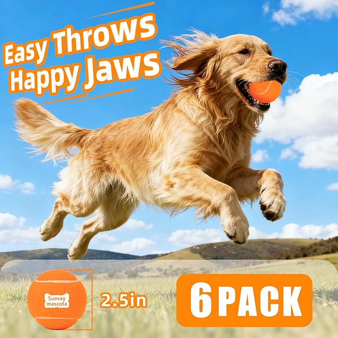 2.5" Dog Tennis Balls 6-Pack Silent Bounce, Tough Rubber Core, Durable Fetch & Training Toys for Indoor/Outdoor Play, for Small Medium Large Dogs (Orange, 6 Pack)