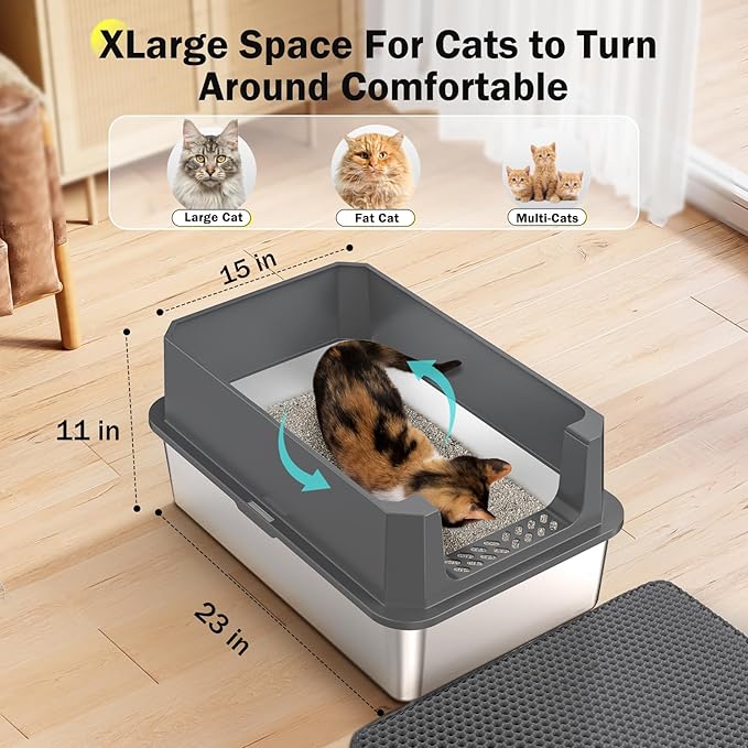 Stainless Steel Litter Box, Extra Large Litter Boxes for Big Cats, XLarge Metal Cat Litter Box with Lid, Anti-Urine Leakage XL Box with High Sides, Easy Clean, Non-Sticky, Scoop Included