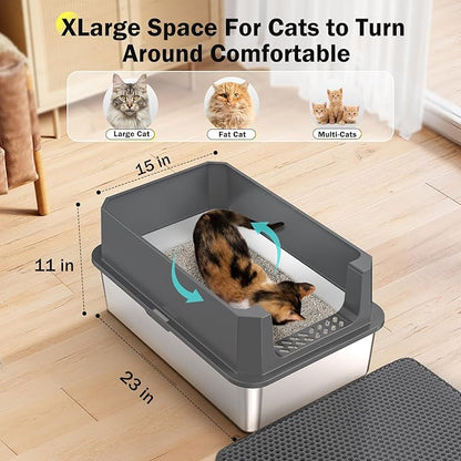 Stainless Steel Litter Box, Extra Large Litter Boxes for Big Cats, XLarge Metal Cat Litter Box with Lid, Anti-Urine Leakage XL Box with High Sides, Easy Clean, Non-Sticky, Scoop Included