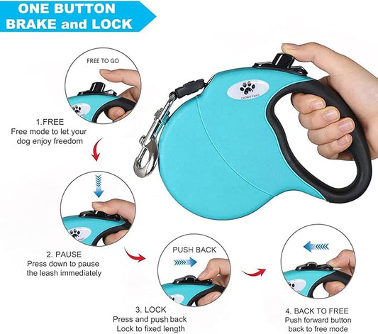16 ft Retractable Dog Leash for Large Dogs up to 110 lbs,Tangle-Free Nylon Tape,Blue L