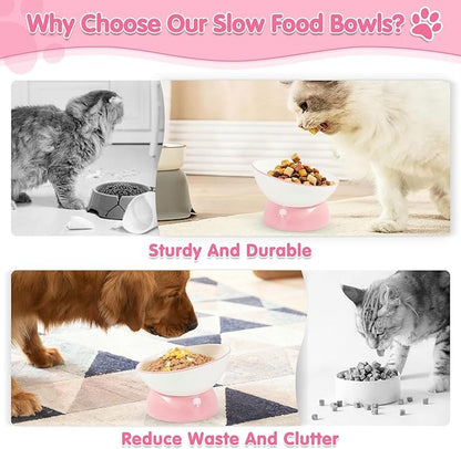 Cat Food Bowl, Ceramic Cat Bowls, Anti Whisker Fatigue Cats Bowl Set,Shallow Wide Kitten Plates for Food and Water (Pale Pink Xie)