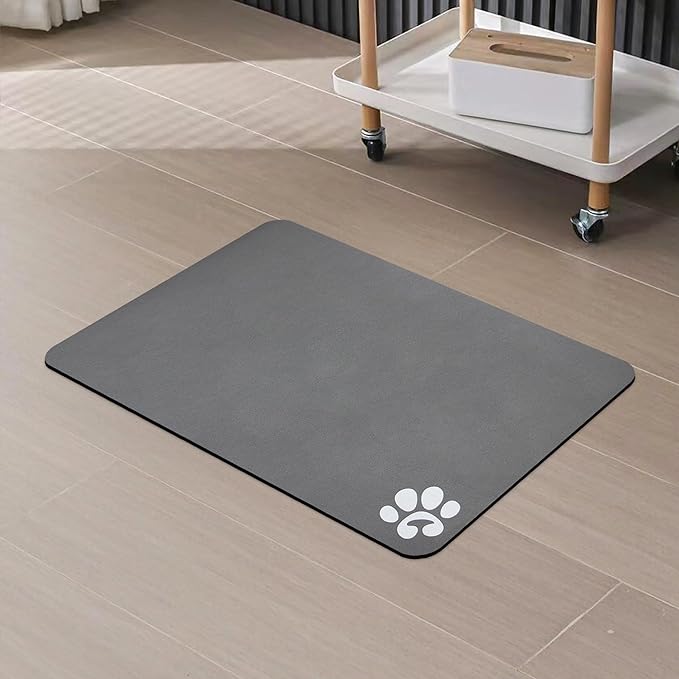 YCT Pet Cat Food Mats - Non Slip Super Absorbent, with Footprints Logo, 18.1 x 11.8 inches, Dark Grey