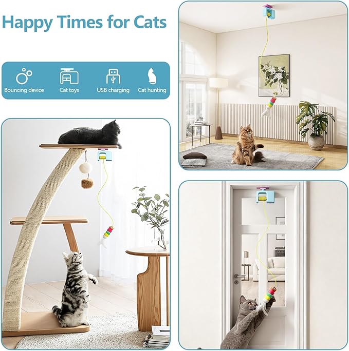 Interactive Cat Toys for Indoor Cats, Automatic Hanging Door Feather Toy Wand Chase Exercise Enrichment Stimulation Self Play for Bored Adult & Kitten Cats