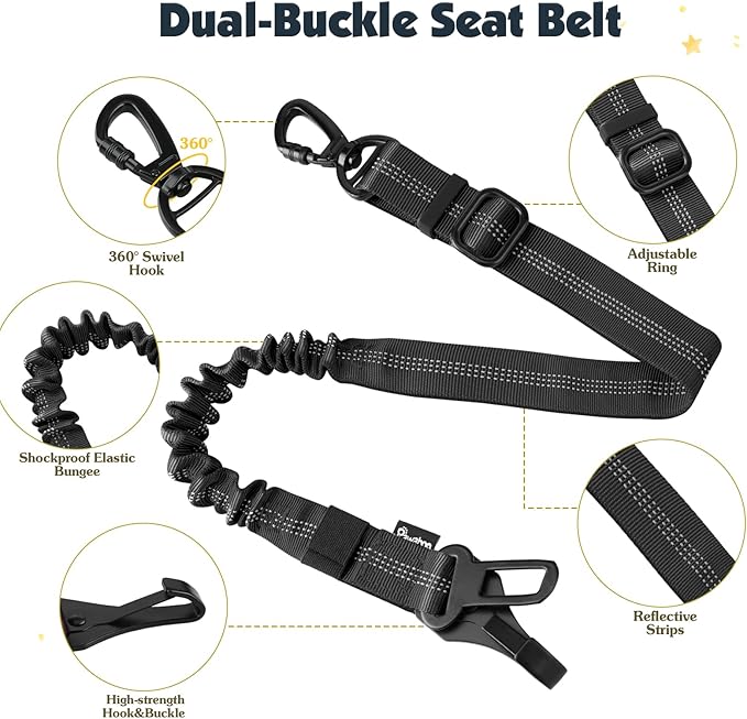 Pawaboo Dog Seat Belt Harness for Car, Dog Car Harness Seatbelt with Double Clips, Adjustable Breathable Pet Vest & Dogs Safety Tether with Elastic Bungee for Small Medium Large Pet, XL, Black