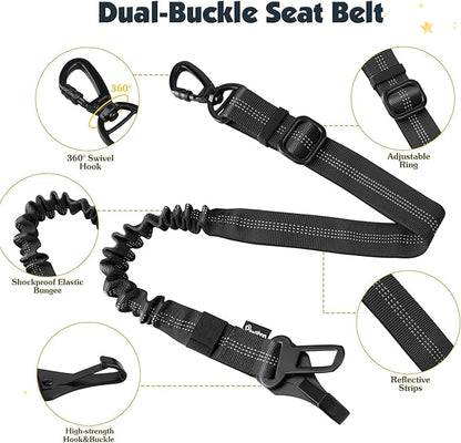 Pawaboo Dog Seat Belt Harness for Car, Dog Car Harness Seatbelt with Double Clips, Adjustable Breathable Pet Vest & Dogs Safety Tether with Elastic Bungee for Small Medium Large Pet, L, Black
