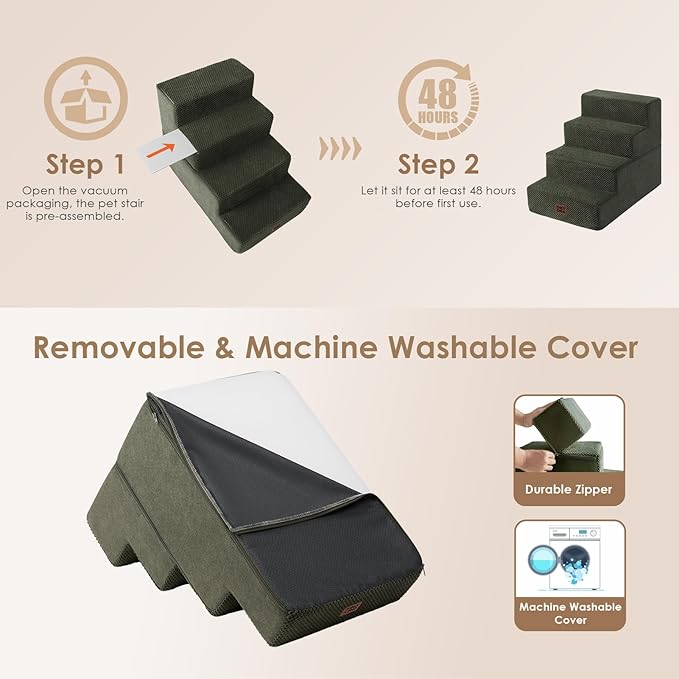 EHEYCIGA Dog Stairs for Bed 18" H, 4-Step Dog Steps for High Bed, Pet Steps for Small Dogs and Cats, Non-Slip Balanced Pet Ramp Indoor, Military Green