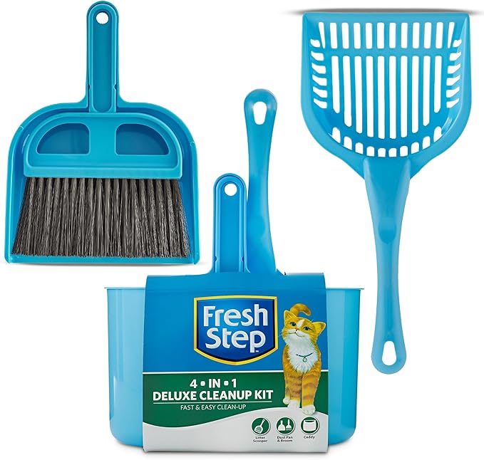Fresh Step 4-in-1 Deluxe Litter Cleanup Kit - Cat Scoop, Broom, Dust Pan, and Hanging Caddy, Compatible with Standard Plastic Litter Pans and Disposable Litter Boxes, Blue