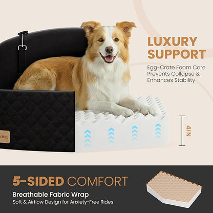 Dog Car Seat for Medium/Large Dogs, Memory Foam Dog Booster Seat with Thick Cushion up to 55 lbs or 2 Small Dogs, Travel Pet Car Seat with Detachable Washable Cover, 2 Safety Leashes (Black/Black)
