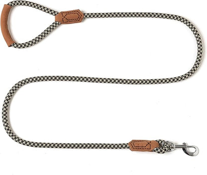Mile High Life | Premium Leather Handle Dog Leash | Strong Rope Leash | Zinc Alloy Strong Clasp | Small Medium Large Dogs | 4/5/6 Feet(Black Khaki, 60 Inch (Pack of 1))