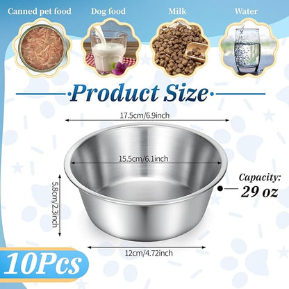 10 Pcs Stainless Steel Dog Bowls Bulk, 6.9 Inch Thickened Metal Food and Water Dish Basic Pet Feed Bowl Replacement Pet Bowls for Dogs Cats(29 Oz, Dishwasher Safe)
