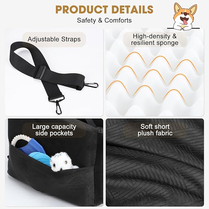 JOEJOY Dog Car Seats for Small Medium Dogs Under 35lbs, Dog Booster Seat with Detachable Washable Cover and Cushion, Memory Foam Pet Car Seat with Safety Belt and Storage Pockets (Black)