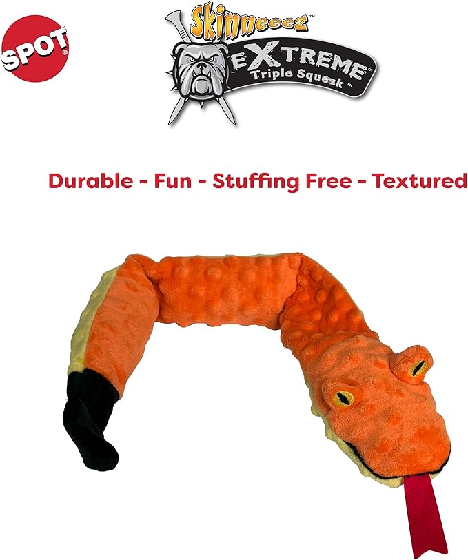 SPOT Skinneeez Extreme Triple Squeak Snake - Durable, Stuffing-Free Dog Toy with Rip-Stop Mesh & 3 Jumbo Squeakers, Built for Aggressive Chewers - Perfect for Medium to Large Dogs & Puppies, 25 inch