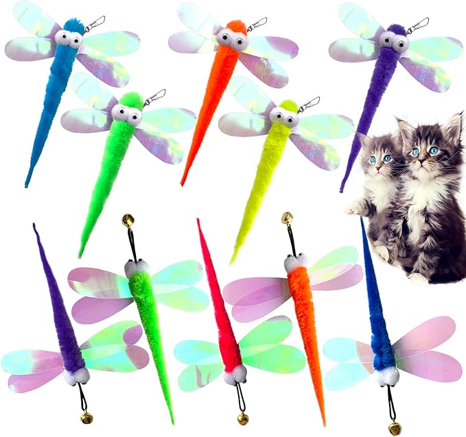 AcceLeah Cat Worm Toy Refills Cats Teaser Toys Worms and Dragonfly Refill,Cat Wand Toy Assorted Teaser Refills with Bell (10 Pcs Dragonfly Set)