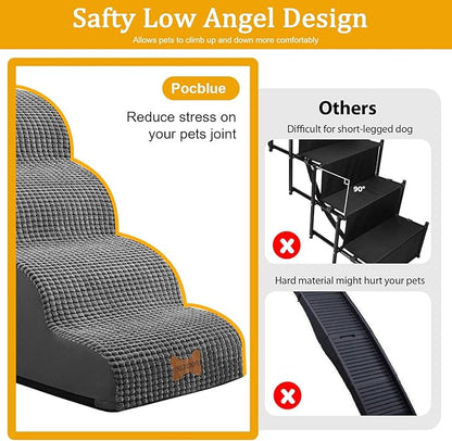 Dog Stairs for Small Dogs, Wide Pet Step with Removable Cover, No Assembly High Density Foam Cat Ramp for Bed or Sofa, 3-Step, Dark Grey