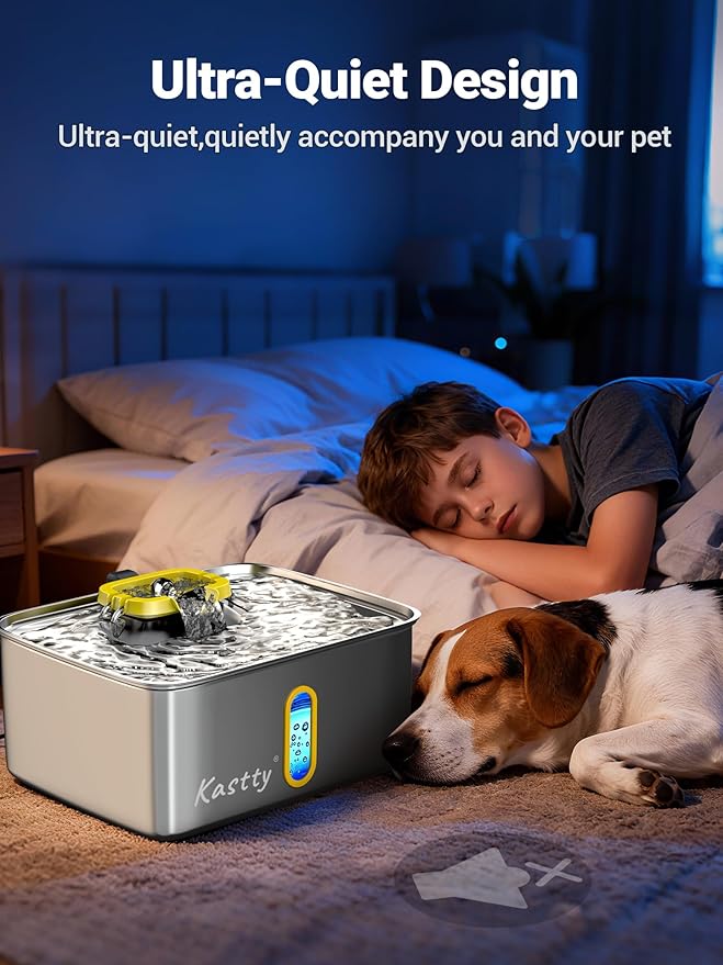 Kastty 15L/3.96 Gal Stainless Steel Dog Water Fountain, Large Capacity Dog Water Bowl Dispenser Quiet LED Light Triple Filtration Cat Water Fountain,Pet Water Fountain Easy Clean(FS78,Yellow)