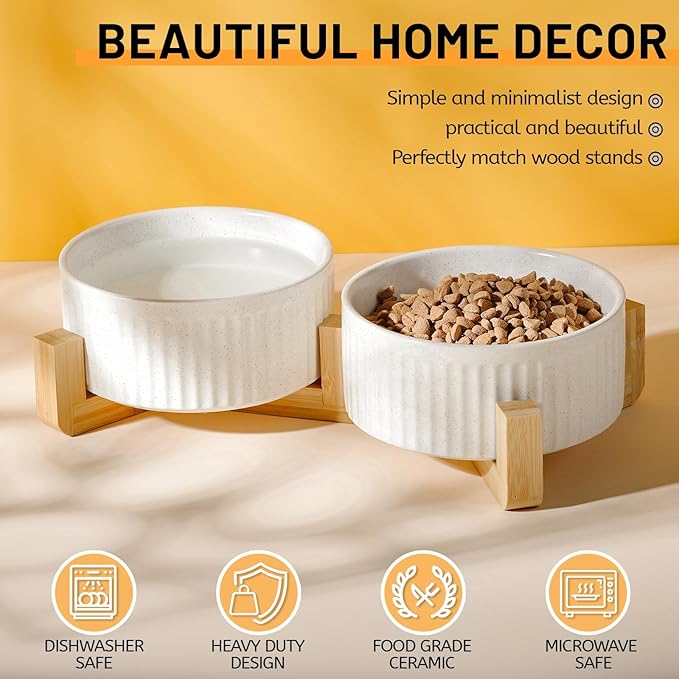 Non-Slip Ceramic Dog Bowls with Wooden Stand,8" Dog Food and Water Bowl Set with Silicone Base, 64 OZ/8 Cups Weighted Flip-Proof Pet Feeding Bowl for Small Dogs and Cats (Large,White)