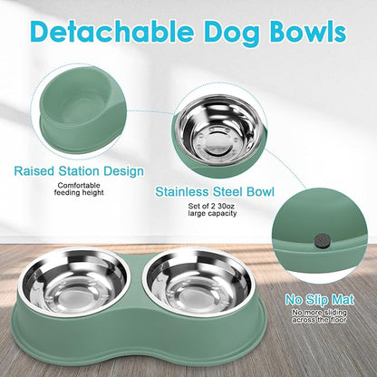 Large Double Dog Water and Food Bowls, Stainless Steel Bowls with Non-Slip Resin Station, Pet Feeder Bowls Food Dish for Small Medium Large Dogs Cats