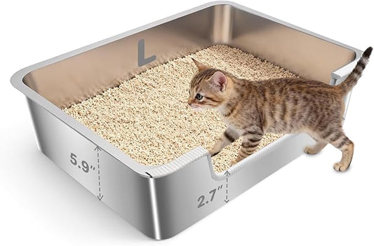 Low Entry Litter Box for Senior Kittens Disabled Cats - Stainless Steel High Sided Enclosed Easy Step in Entry - Large Metal Kitty Litter Box Easy to Clean(19.7”x13.8”x5.9”)