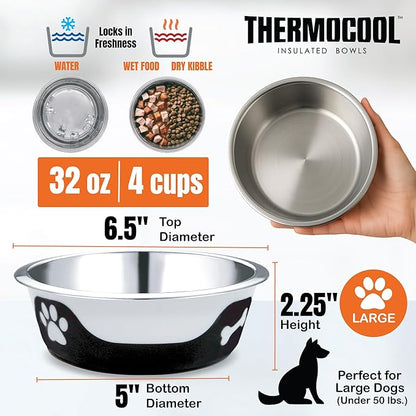 Thermocool Insulated Stainless Steel Pet Bowl - 32 Oz (Large) Non-Slip Feeding Dish Reduces Sliding & Spills, Keeps Water Cold & Food Warm, Dishwasher Safe (Light Purple)