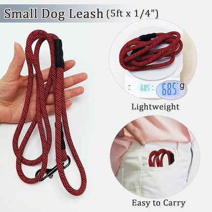 WYuZe 5ft Puppy Leash for Small Dogs, 1/4" Thin Rope Dog Leash with Easy to Use Hook, Lightweight Cat Leashes for Chihuahua, Yorkie, Tiny Breed 10 Colors (Black Red)