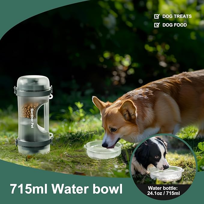 Gardner Pet Portable Dog Water Bottle&Food Container (49.6oz) – Leakproof Travel Water Bottle for Medium/Large Dogs (30+ lbs) Hiking, Camping, Beach – 2 Collapsible Bowls & Shoulder Strap (Grey)