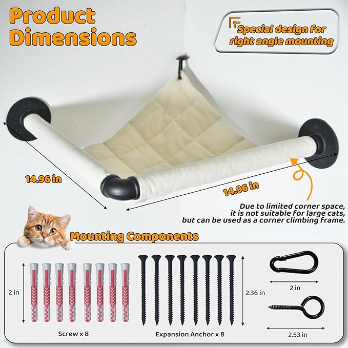 Wall Corner Cat Hammock Wall Mounted, 14.96 x 14.96 inch Wall Mounted Shelves Cat Beds for Sleeping, Playing, Climbing & Resting Wall Furniture Designed Specifically for Corners