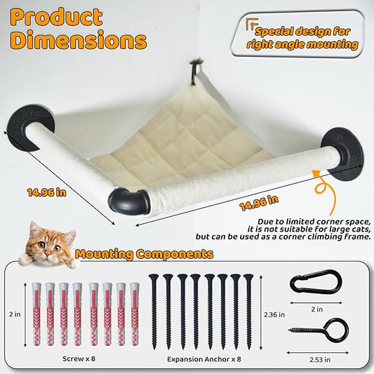 Wall Corner Cat Hammock Wall Mounted, 14.96 x 14.96 inch Wall Mounted Shelves Cat Beds for Sleeping, Playing, Climbing & Resting Wall Furniture Designed Specifically for Corners
